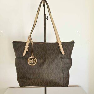 Michael Kors Tote MK Signature Brown Travel Shoulder Bag with Matching Wallet